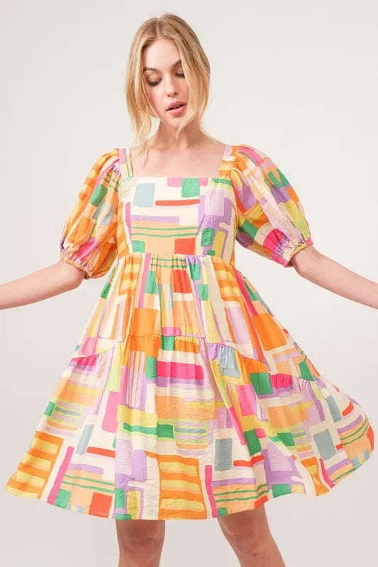 Square Neck Puff Sleeve Geo Printed Mini Dress - Eva's Edition