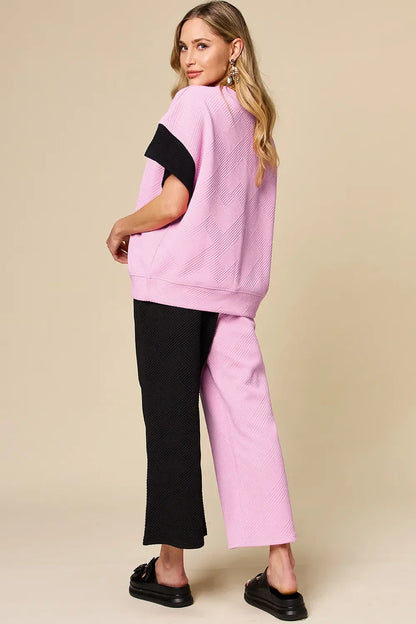Textured Contrast T-Shirt and Wide Leg Pants Set - Eva's Edition