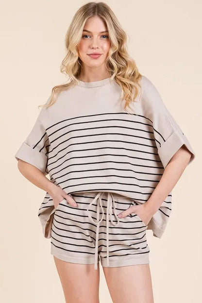 Striped Folded Half Sleeve Top and Shorts Set - Eva's Edition