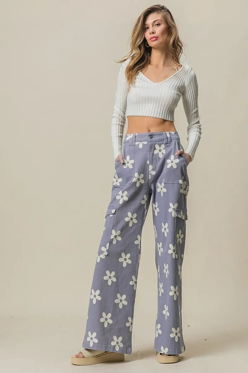 Flower Printed Side Pocket Wide Pants - Eva's Edition