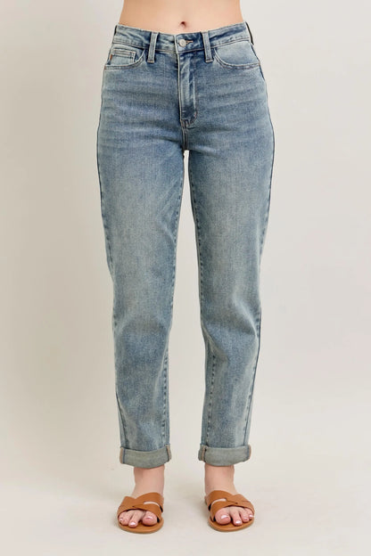 Vintage Wash Double Roll Cuff Bf Jeans Plus Size - Eva's Edition