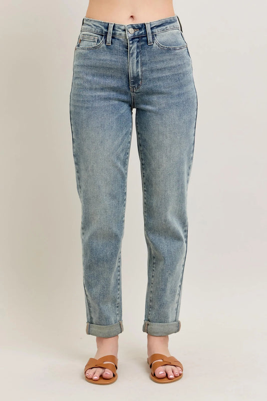 Vintage Wash Double Roll Cuff Bf Jeans Plus Size - Eva's Edition