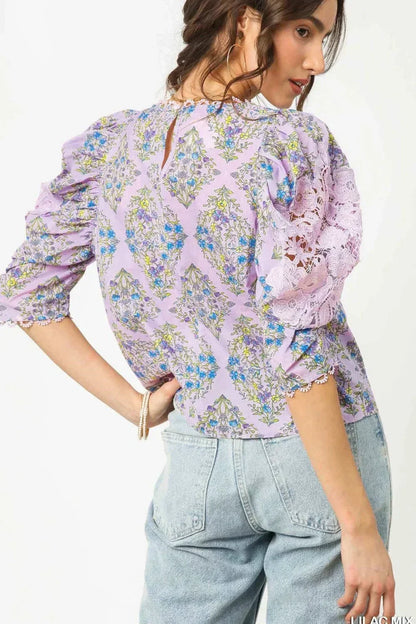 Printed Lace Puff Sleeve Blouse - Eva's Edition
