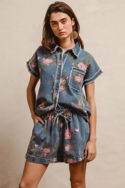 Printed Denim Short Pants With Pocket - Eva's Edition