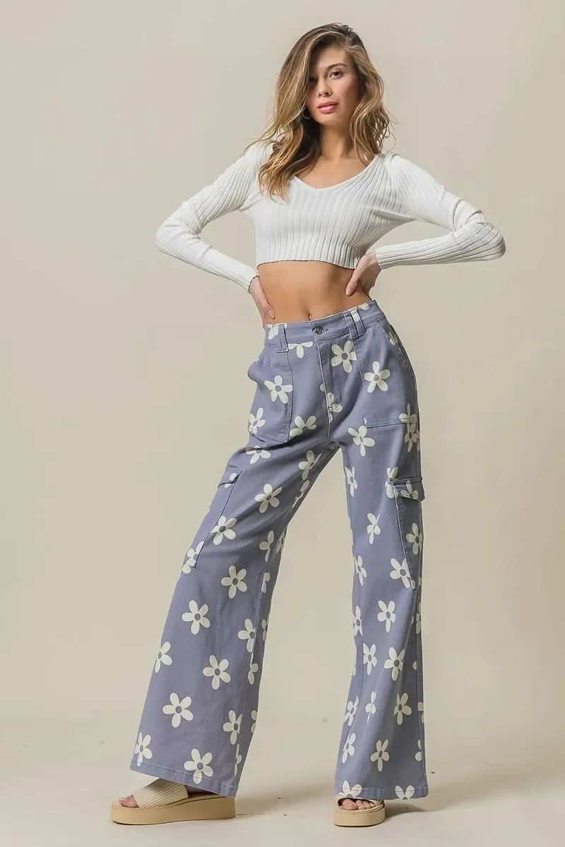 Flower Printed Side Pocket Wide Pants - Eva's Edition