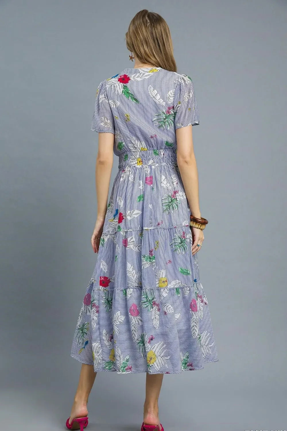 Smocked Waist Floral Short Sleeve Midi Dress - Eva's Edition