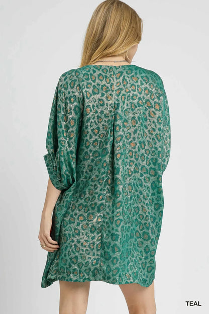 Metallic Leopard Print V-Neck Kimono Dress - Eva's Edition
