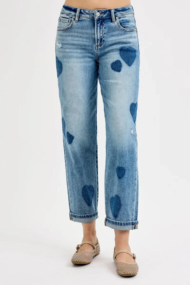 Mid Rise Fit-boyfriend Heart Shade Jeans Plus Size - Eva's Edition