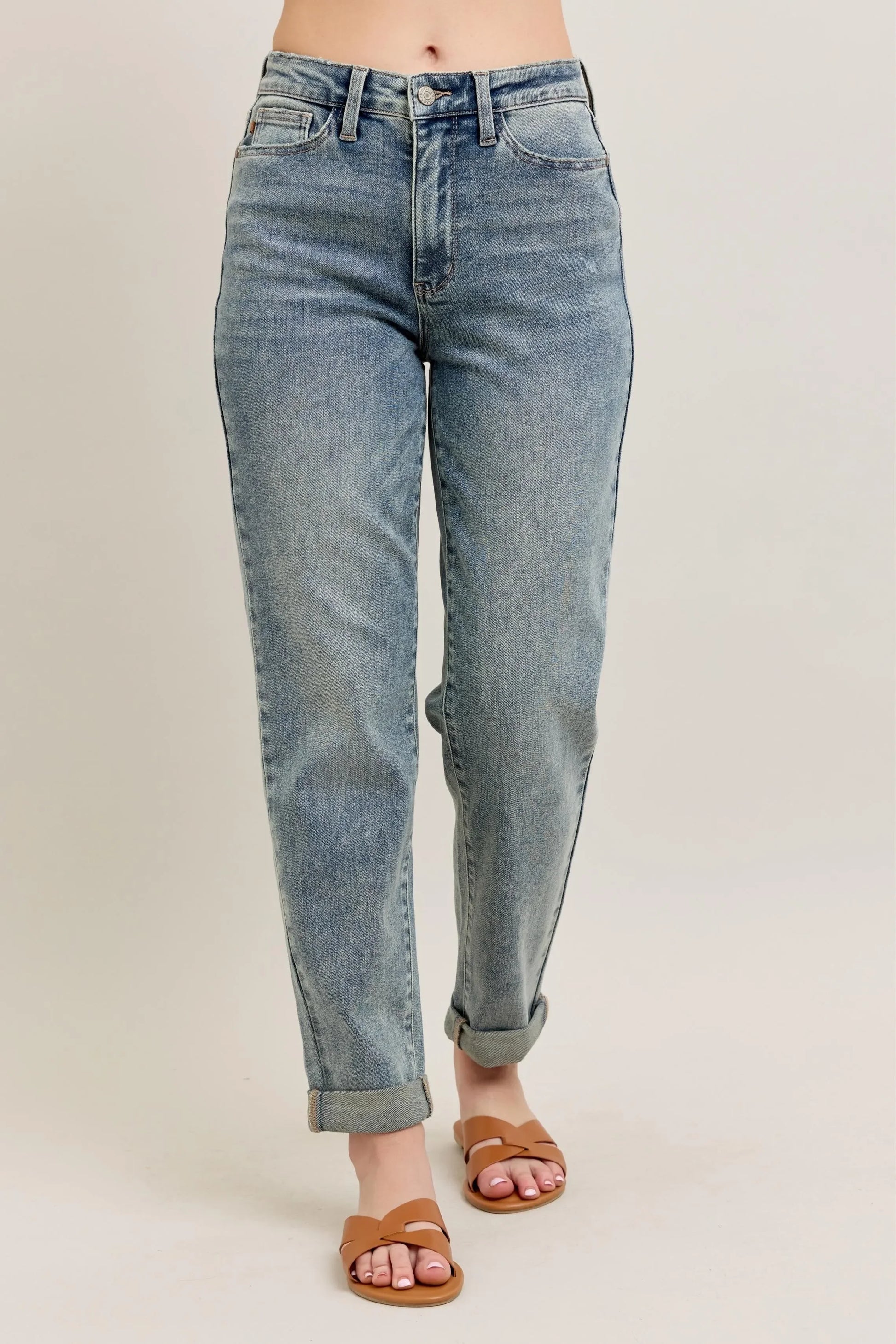 Vintage Wash Double Roll Cuff Bf Jeans Plus Size - Eva's Edition