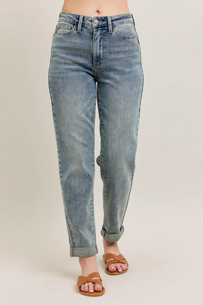Vintage Wash Double Roll Cuff Bf Jeans Plus Size - Eva's Edition
