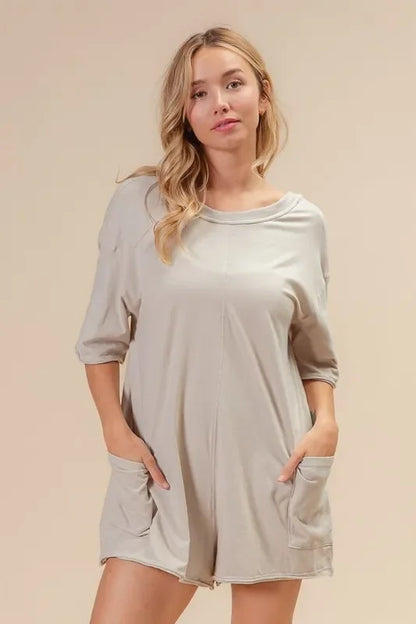 Short Sleeve Back Open Washed Romper - Eva's Edition