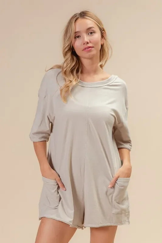 Short Sleeve Back Open Washed Romper - Eva's Edition