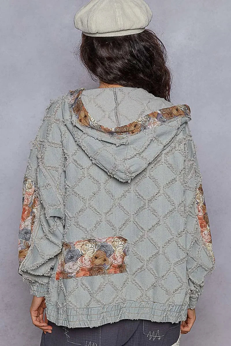 Zip Up Floral and Lace Patch Washed Denim Jacket - Eva's Edition