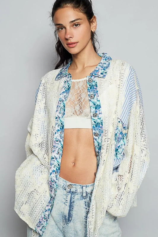 Lace Long Sleeve Shirt with Floral and Striped Pattern - Eva's Edition
