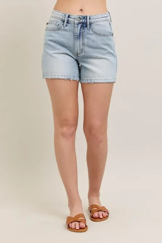 Frayed Hem High Rise Denim Shorts with Pockets - Eva's Edition
