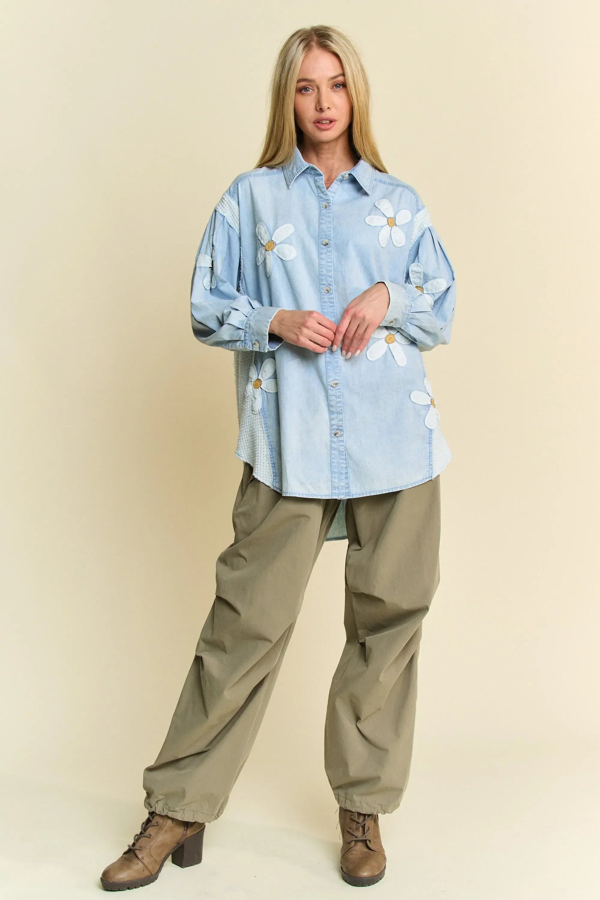 Lightweight Washed Daisy Patch Waffle Knit Shirt - Eva's Edition