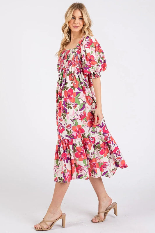 Flower Printed Puff Sleeve Ruffle Smocked Midi Dress - Eva's Edition