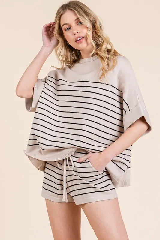 Striped Folded Half Sleeve Top and Shorts Set - Eva's Edition