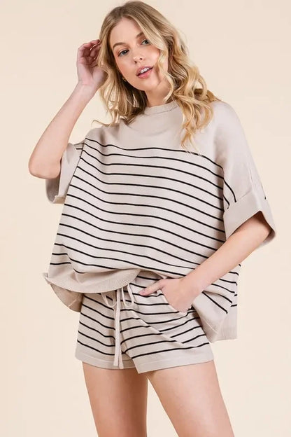 Striped Folded Half Sleeve Top and Shorts Set - Eva's Edition