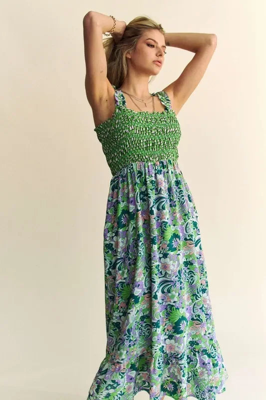 Multi Smocked Bodice Geo Ruffle Strappy Midi Dress - Eva's Edition