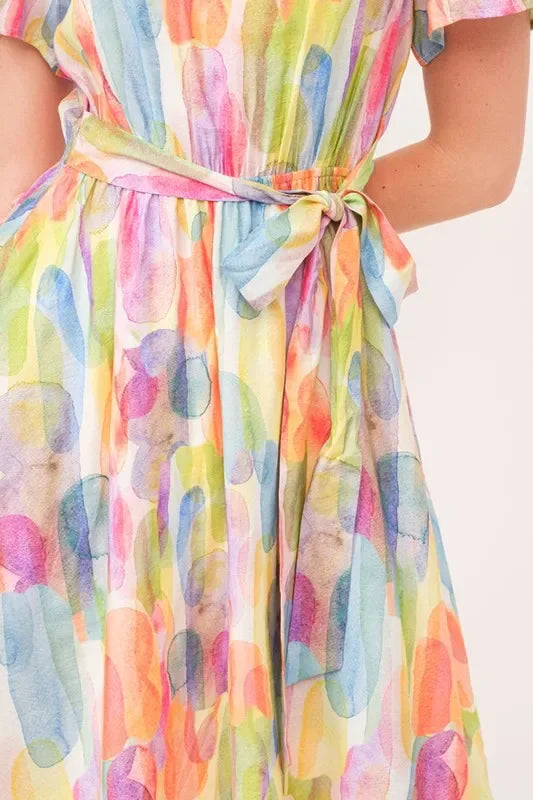Watercolor Print Tie Front Midi Dress - Eva's Edition