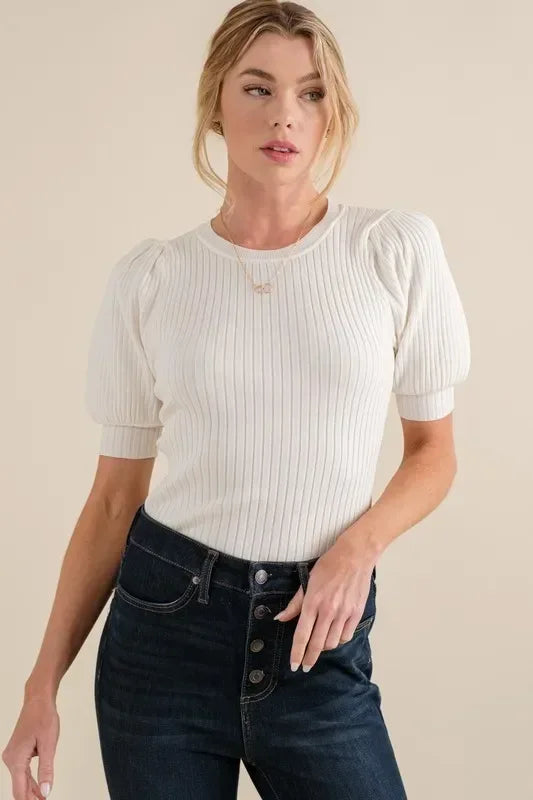 Puffed White Half Sleeve Rib Bodysuit - Eva's Edition