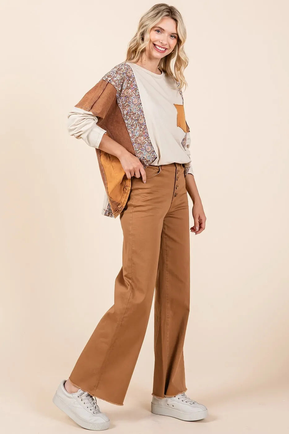 Twill High Waisted Button Fly Wide Leg Pants - Eva's Edition