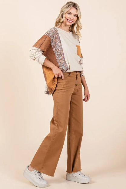 Twill High Waisted Button Fly Wide Leg Pants - Eva's Edition