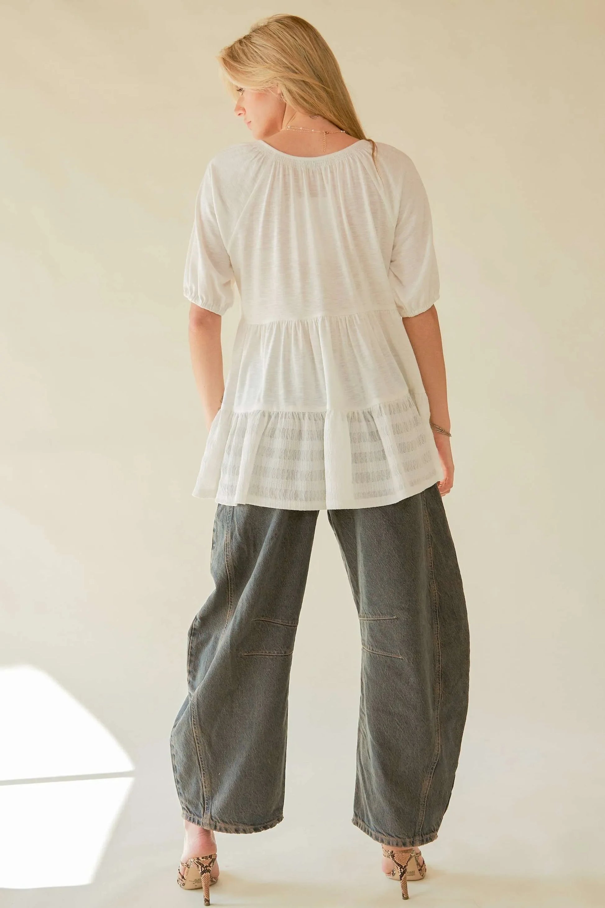 Flared Short Sleeve V Neck Blouse - Eva's Edition