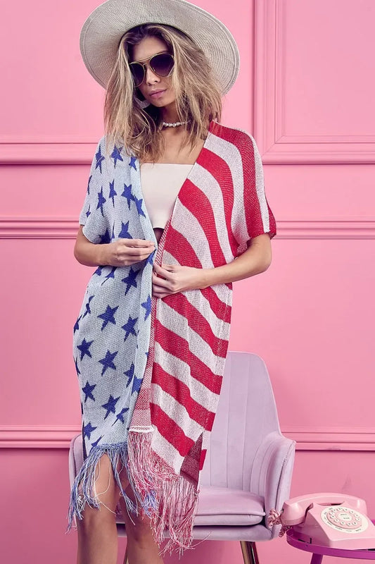 American Flag Theme Fringed Knit Cardigan - Eva's Edition