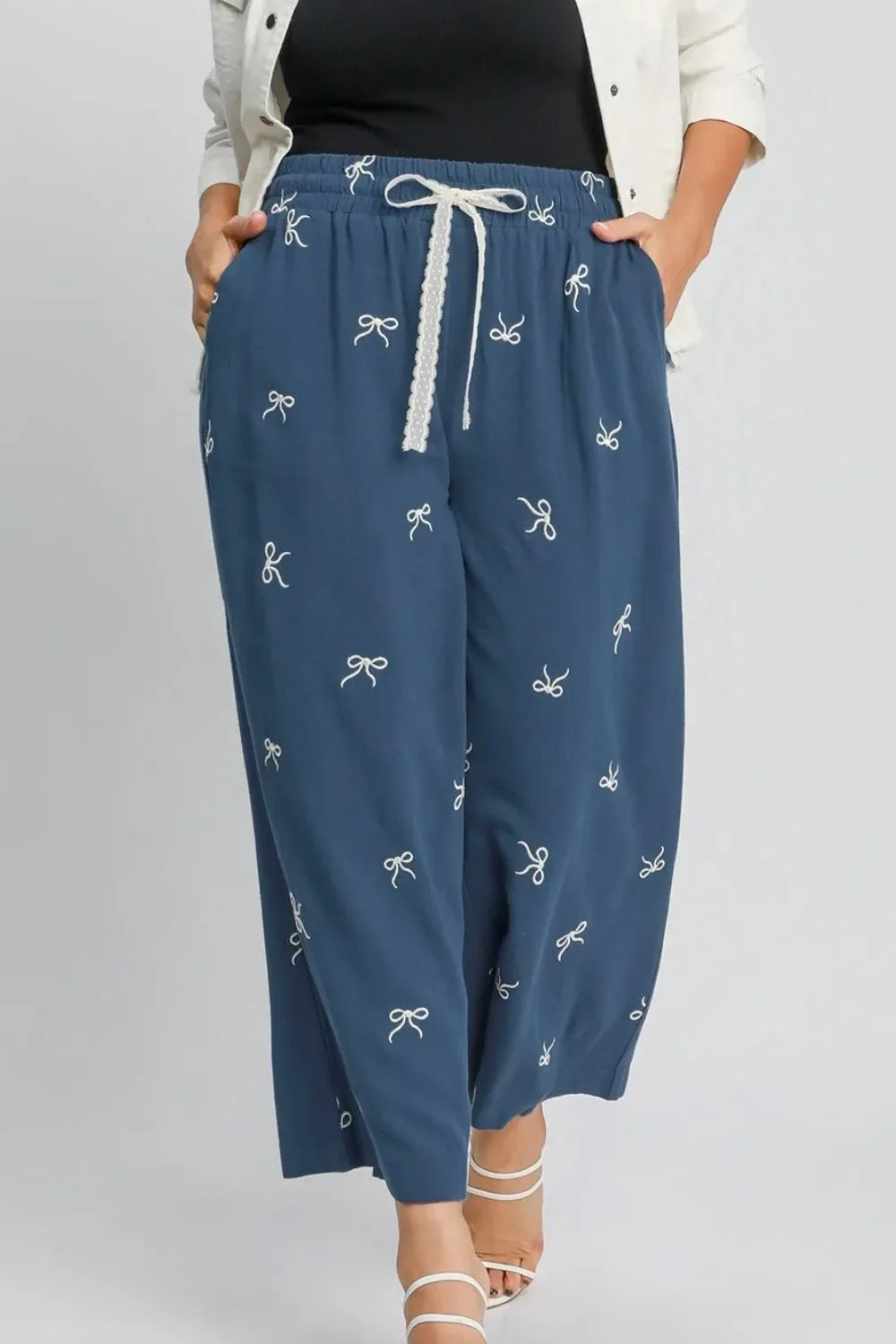 Lace Drawstring Embroidered Bow Wide Leg Pants Plus Size - Eva's Edition