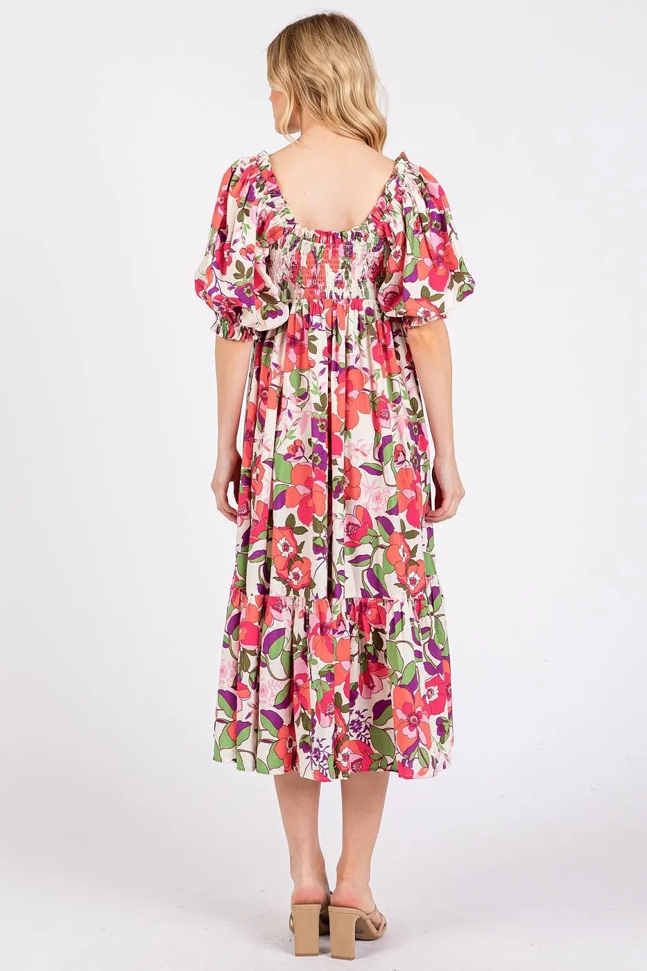 Flower Printed Puff Sleeve Ruffle Smocked Midi Dress - Eva's Edition
