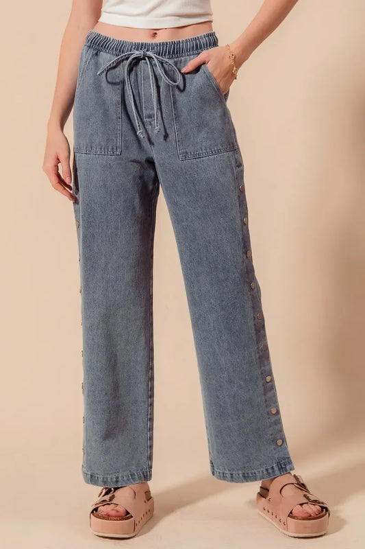 Mid Rise Drawstring Jeans with Side Snap Button - Eva's Edition