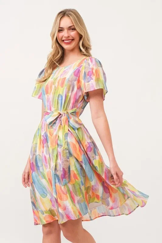 Watercolor Print Tie Front Midi Dress - Eva's Edition