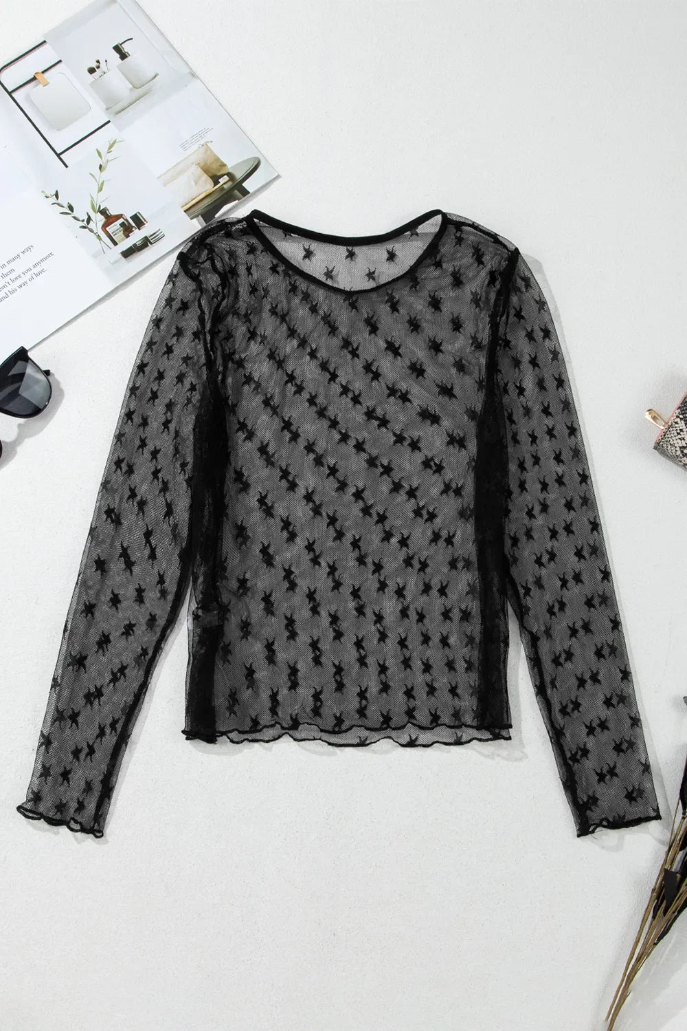 Star Round Neck Long Sleeve Sheer Blouse - Eva's Edition