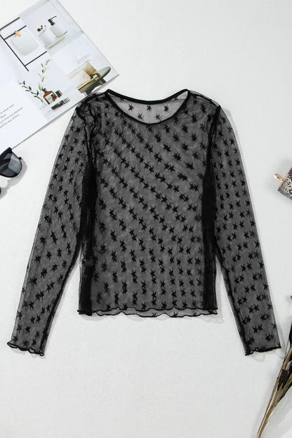 Star Round Neck Long Sleeve Sheer Blouse - Eva's Edition