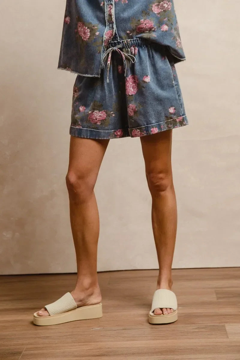 Printed Denim Short Pants With Pocket - Eva's Edition
