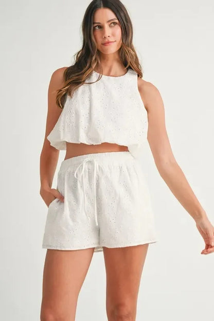 Eyelet Bubble Hem Sleeveless Top and Shorts Set - Eva's Edition