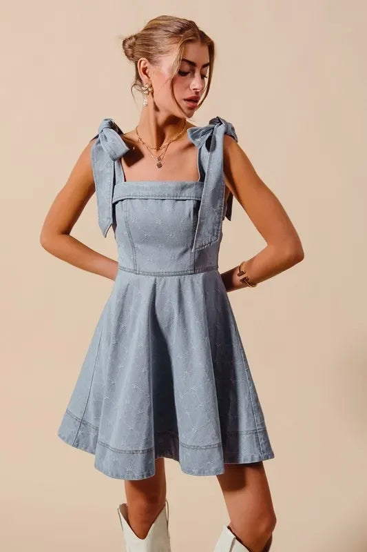 Diamond Bow Ribbon Denim Dres - Eva's Edition