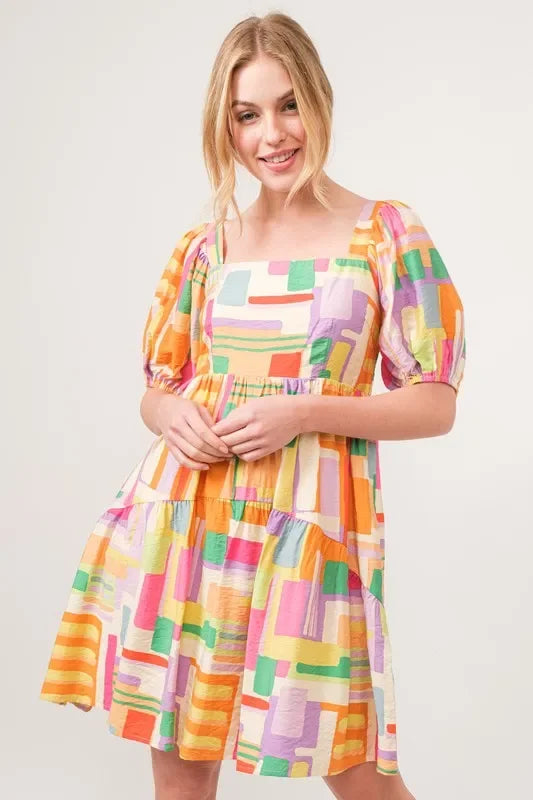 Square Neck Puff Sleeve Geo Printed Mini Dress - Eva's Edition