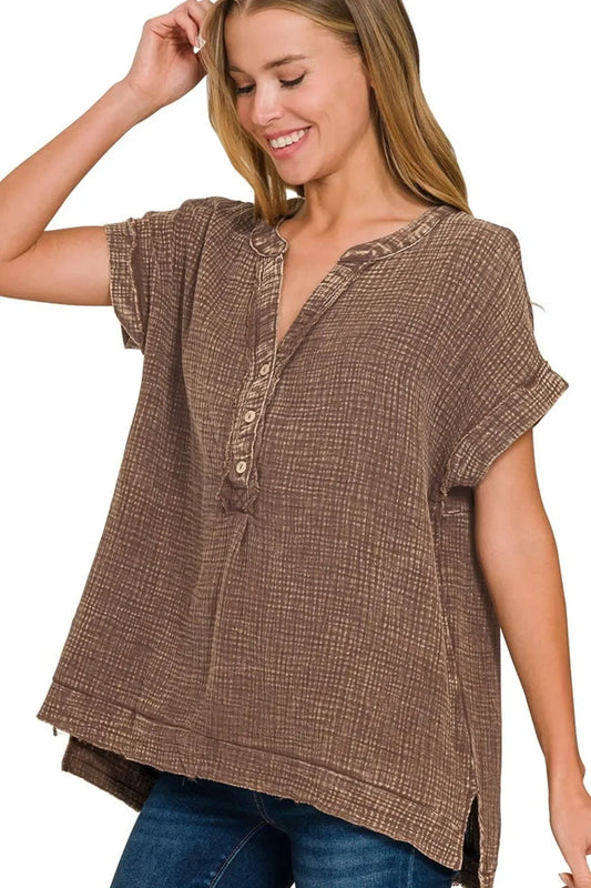 Washed Double Gauze 3/4 Button Henley Neck Shirt - Eva's Edition