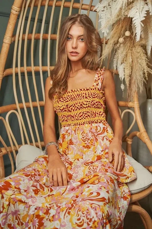 Multi Smocked Bodice Geo Ruffle Strappy Midi Dress - Eva's Edition