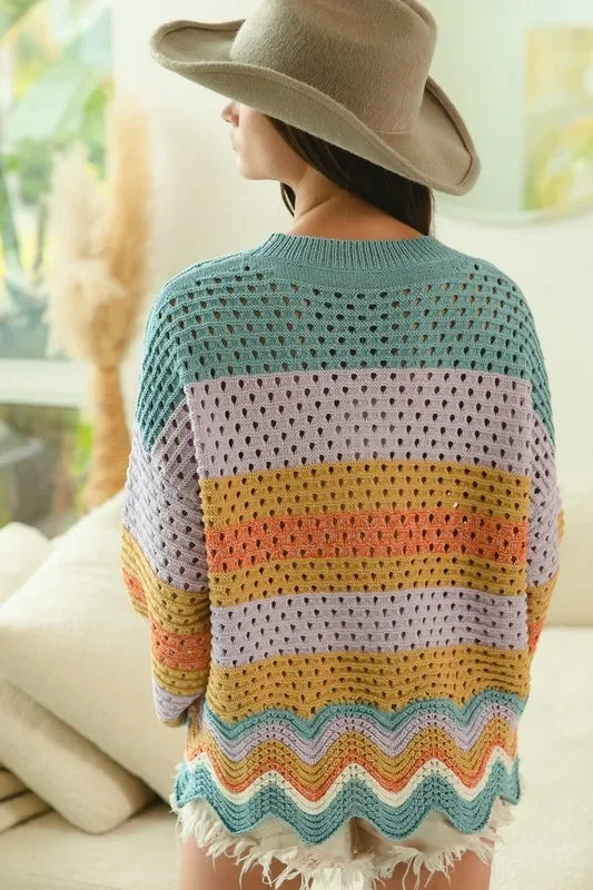 Openwork Contrast Round Neck Sweater - Eva's Edition