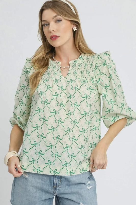 Ruffled Bow Print Notched Blouse - Eva's Edition