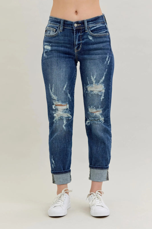 Mid Rise Cuffed Destroy Bf Jeans Plus Size - Eva's Edition