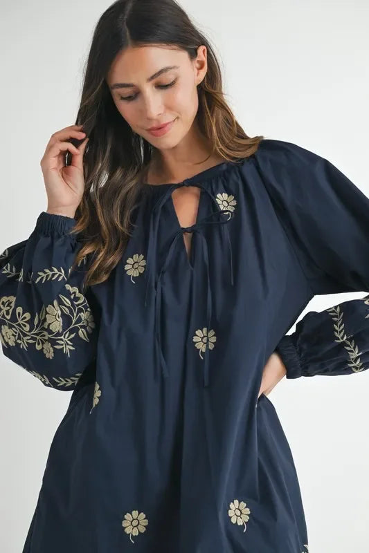 Embroidered Long Sleeve Peasant Mini Dress - Eva's Edition