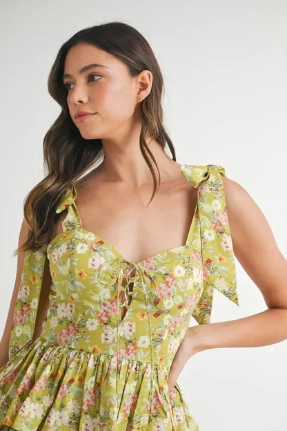 Floral Print Shoulder Tie Layered Mini Dress - Eva's Edition