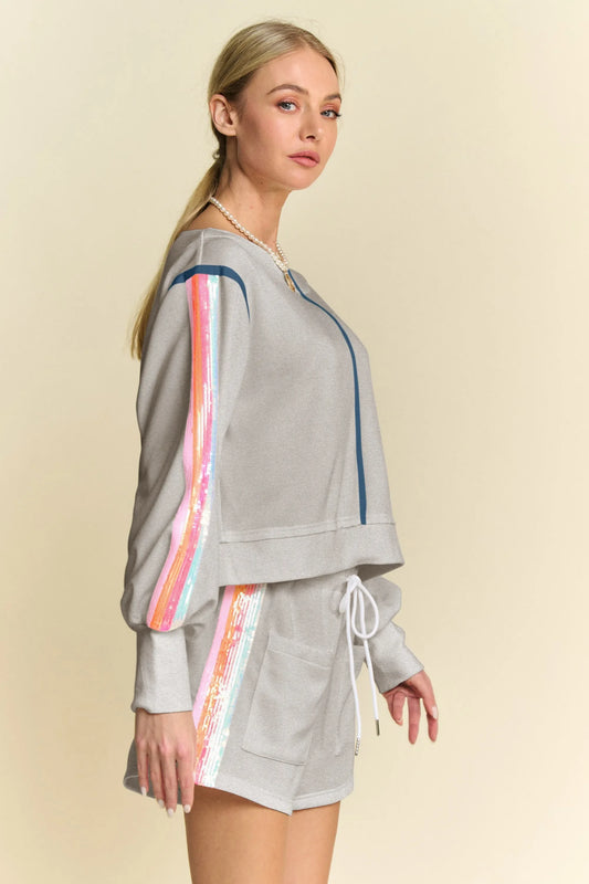 Sequin Stripe Long Sleeve Top And Short Pants Set - Eva's Edition