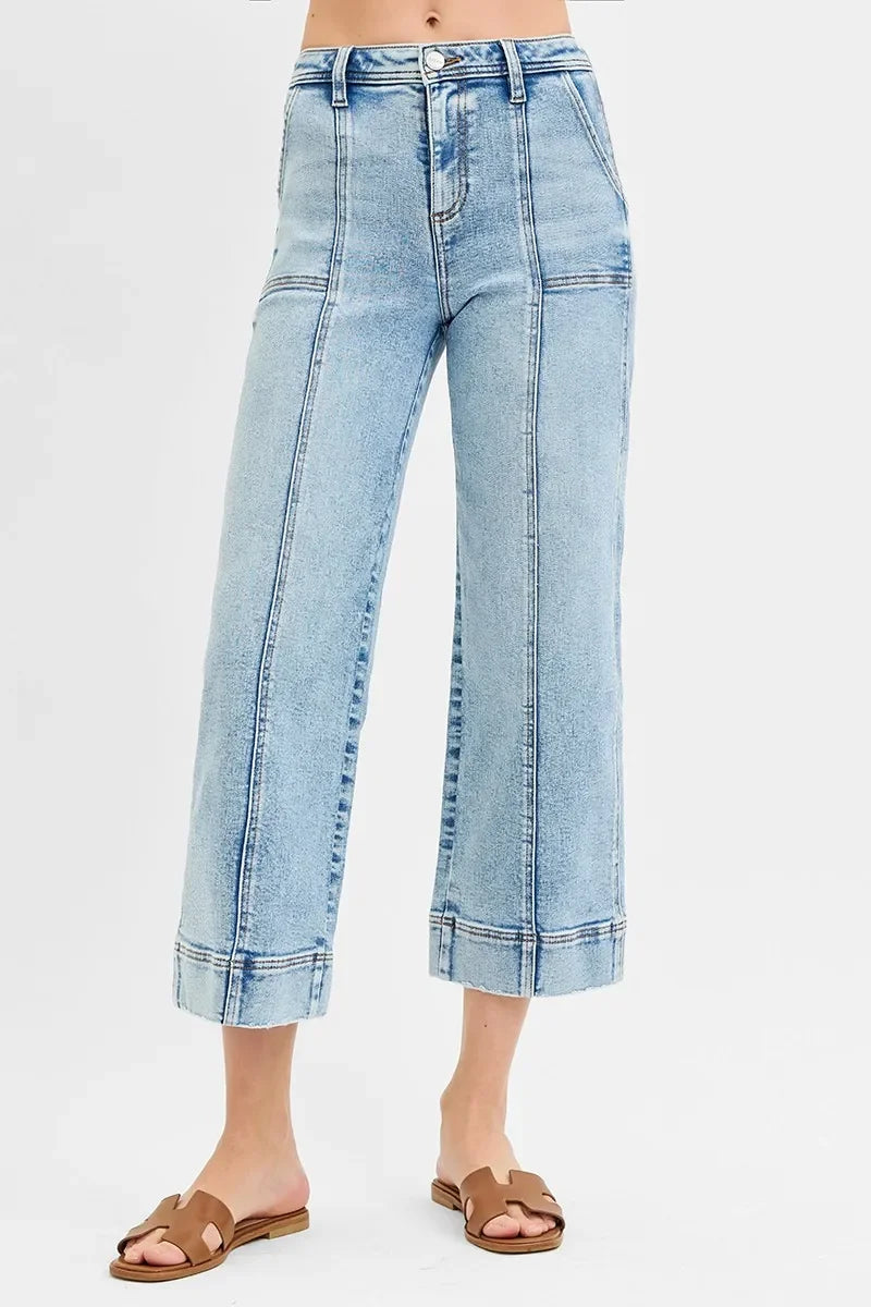 High Rise Crop Wide Front Seam Detailed Jeans Plus Size - Eva's Edition