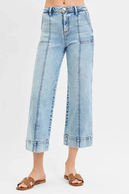 High Rise Crop Wide Front Seam Detailed Jeans Plus Size - Eva's Edition